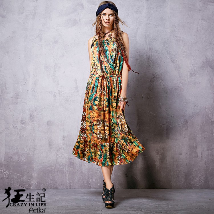 Artka-Women39s-Spring-New-Boho-Style-Printed-Spaghetti-Strap-Dress-Vintage-Cinched-Waist-Drawstring--32674541511