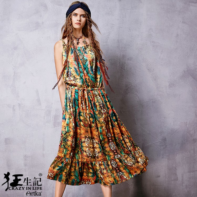 Artka-Women39s-Spring-New-Boho-Style-Printed-Spaghetti-Strap-Dress-Vintage-Cinched-Waist-Drawstring--32674541511