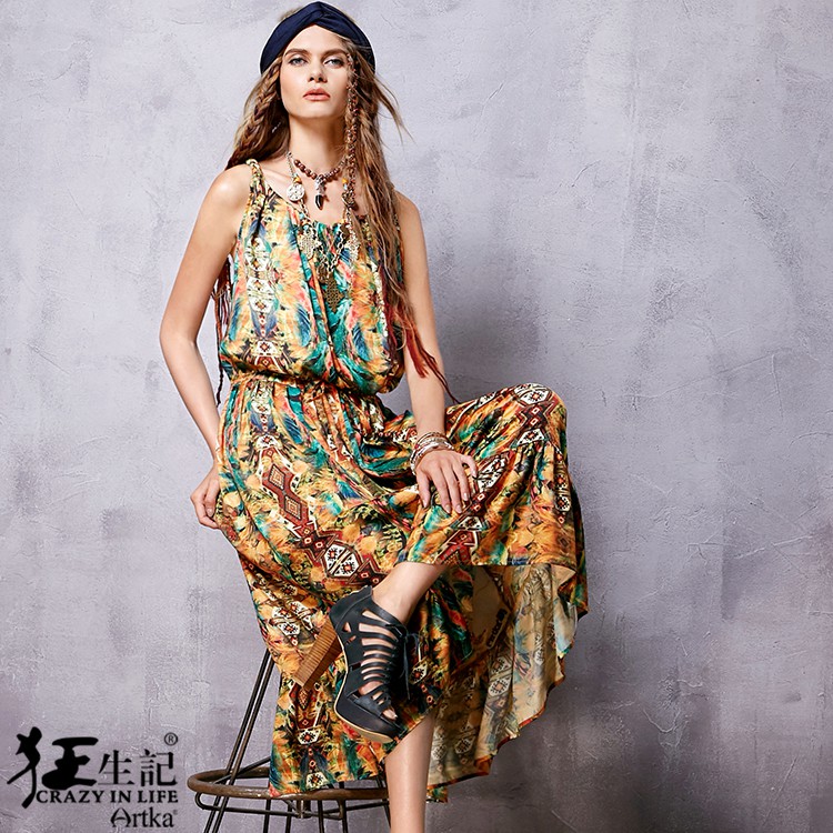 Artka-Women39s-Spring-New-Boho-Style-Printed-Spaghetti-Strap-Dress-Vintage-Cinched-Waist-Drawstring--32674541511