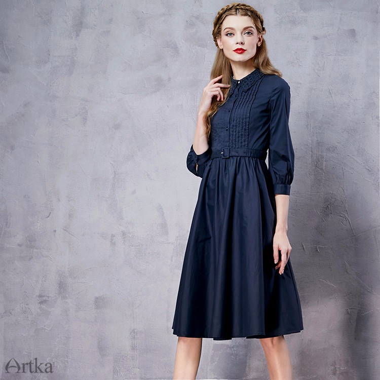 Artka-Women39s-Spring-New-Solid-Color-Embroidery-Dress-Three-Quarter-Sleeve-Empire-Waist-Wide-Hem-Dr-32701520320