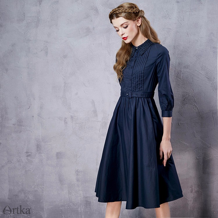 Artka-Women39s-Spring-New-Solid-Color-Embroidery-Dress-Three-Quarter-Sleeve-Empire-Waist-Wide-Hem-Dr-32701520320