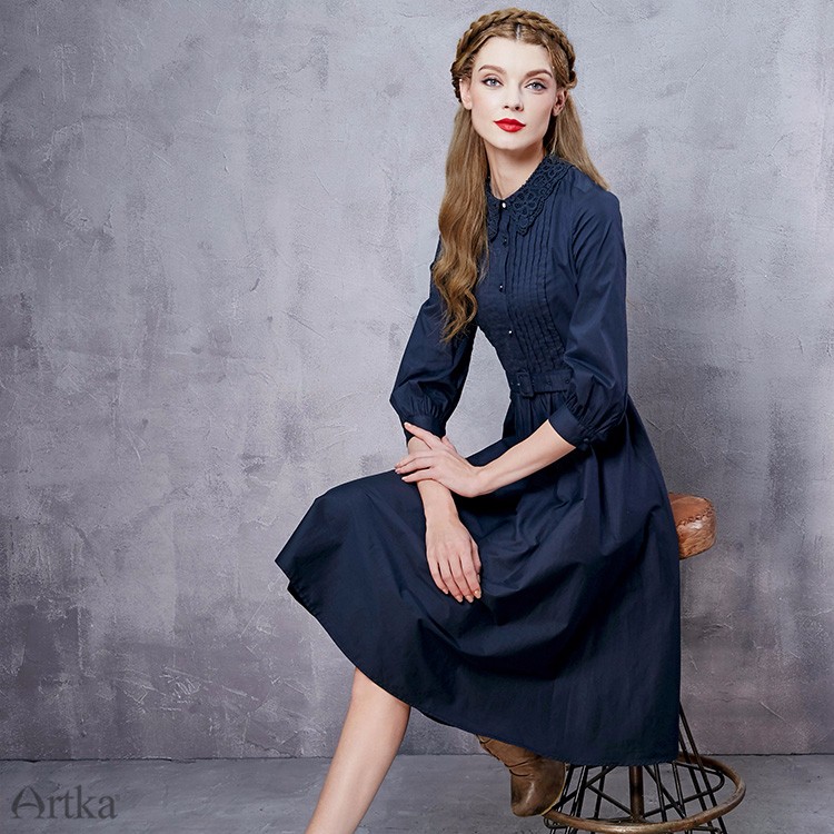 Artka-Women39s-Spring-New-Solid-Color-Embroidery-Dress-Three-Quarter-Sleeve-Empire-Waist-Wide-Hem-Dr-32701520320