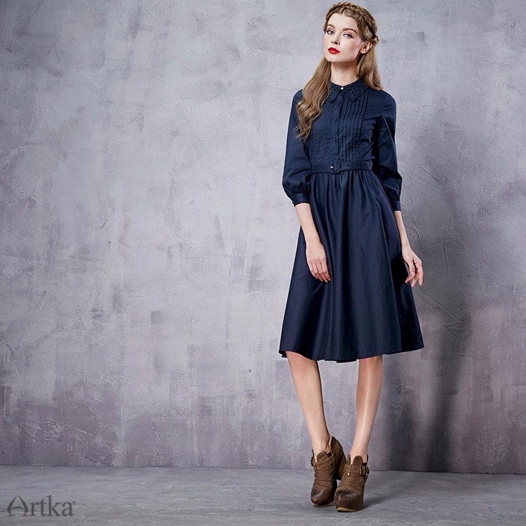 Artka-Women39s-Spring-New-Solid-Color-Embroidery-Dress-Three-Quarter-Sleeve-Empire-Waist-Wide-Hem-Dr-32701520320