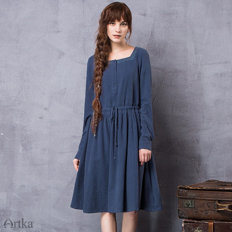 Artka-Women39s-Spring-New-Solid-Color-Embroidery-Dress-Vintage-Square-Collar-Long-Sleeve-Drawstring--32756183438
