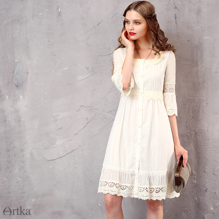 Artka-Women39s-Spring-New-White-Lace-Patchwork-Cotton-Dress-Vintage-O-Neck-Puff-Sleeve-Empire-Waist--32675446268