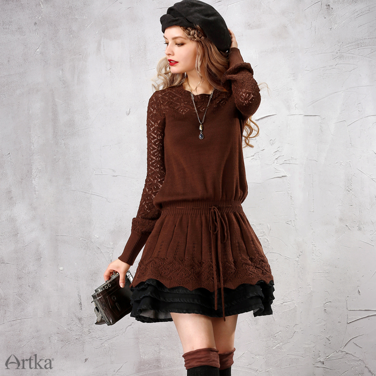 Artka-Women39s-Spring-Vintage-Warm-Sweater-Dress-All-match-O-Neck-Hollow-Out-Cinch-Waist-Knit-Mini-D-32443581367