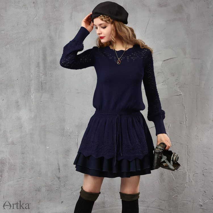 Artka-Women39s-Spring-Vintage-Warm-Sweater-Dress-All-match-O-Neck-Hollow-Out-Cinch-Waist-Knit-Mini-D-32443581367