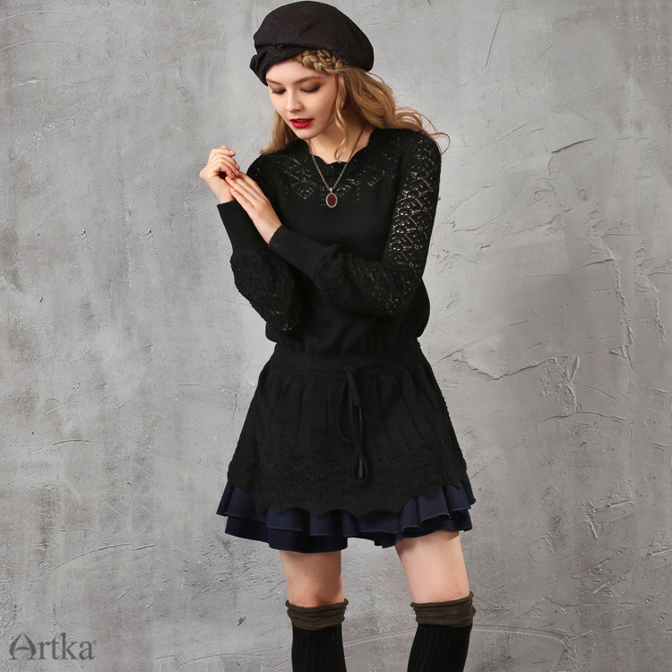 Artka-Women39s-Spring-Vintage-Warm-Sweater-Dress-All-match-O-Neck-Hollow-Out-Cinch-Waist-Knit-Mini-D-32443581367