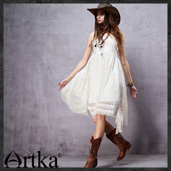 Artka-Women39s-Summer-Bohemian-Style-Solid-Color-Sleeveless-Dress-O-neck-Lace-Embroidery-Irregular-H-32430250844