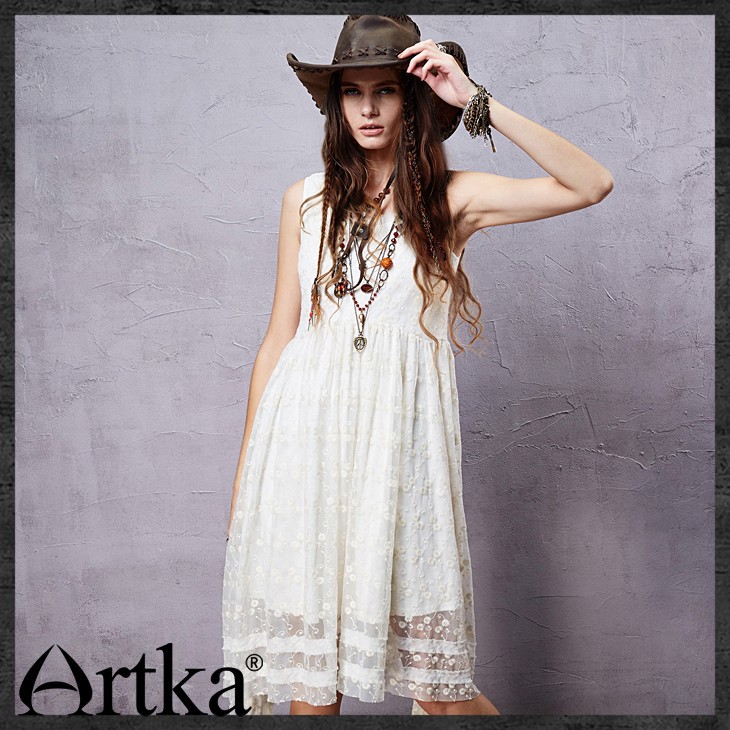 Artka-Women39s-Summer-Bohemian-Style-Solid-Color-Sleeveless-Dress-O-neck-Lace-Embroidery-Irregular-H-32430250844