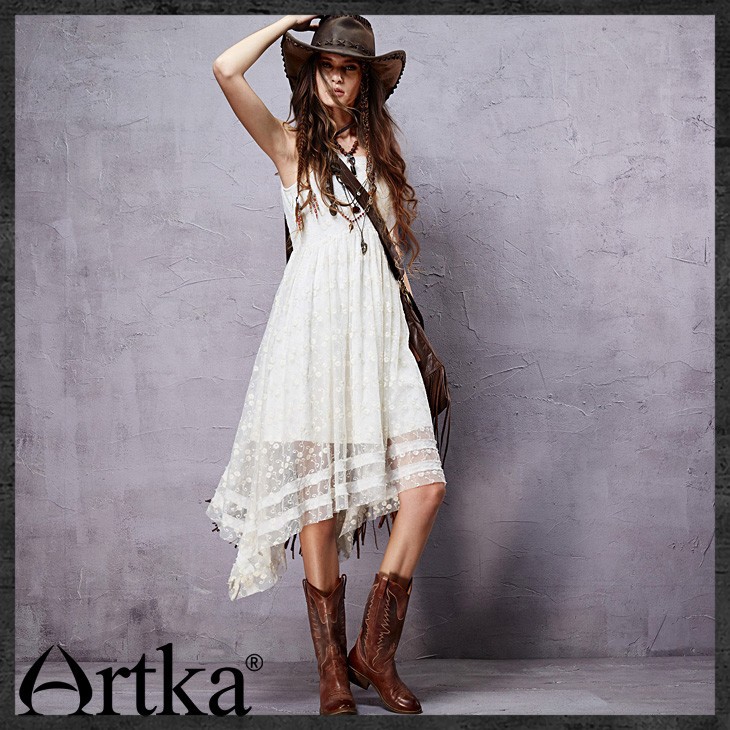 Artka-Women39s-Summer-Bohemian-Style-Solid-Color-Sleeveless-Dress-O-neck-Lace-Embroidery-Irregular-H-32430250844