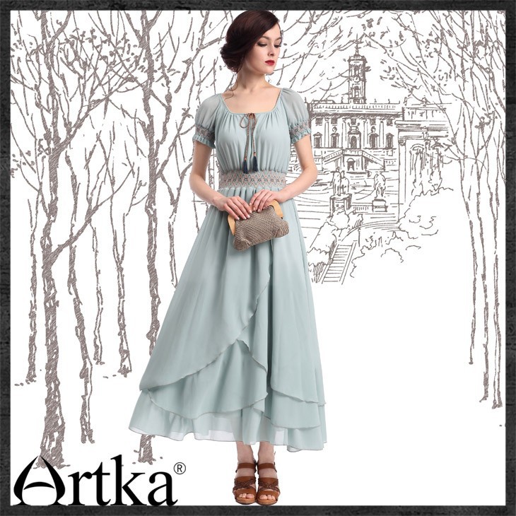 Artka-Women39s-Summer-Brief-Cute-Elegant-Square-Neck-Short-Puff-Sleeves-Ankle-Length-Patchwork-Solid-1839451870