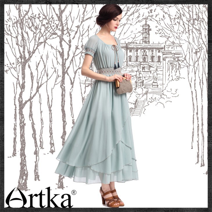 Artka-Women39s-Summer-Brief-Cute-Elegant-Square-Neck-Short-Puff-Sleeves-Ankle-Length-Patchwork-Solid-1839451870