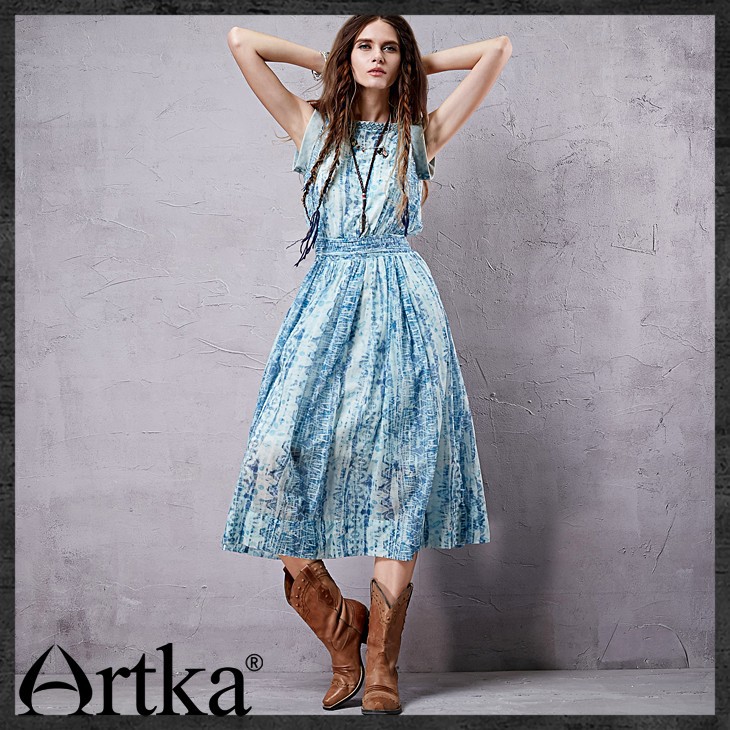 Artka-Women39s-Summer-Ethnic-Printed-Cotton-Dress-Boat-Neckline-Sleeveless-Cinched-Waist-Wide-Hem-Dr-32402557080