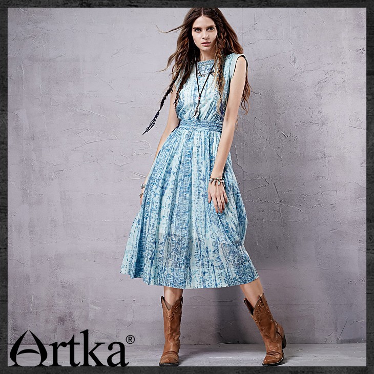 Artka-Women39s-Summer-Ethnic-Printed-Cotton-Dress-Boat-Neckline-Sleeveless-Cinched-Waist-Wide-Hem-Dr-32402557080