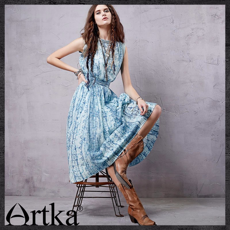 Artka-Women39s-Summer-Ethnic-Printed-Cotton-Dress-Boat-Neckline-Sleeveless-Cinched-Waist-Wide-Hem-Dr-32402557080