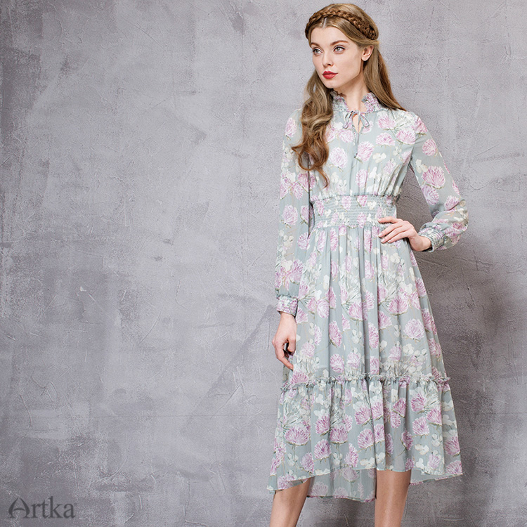 Artka-Women39s-Summer-New-Pastoral-Style-Printed-Dress-Stand-Collar-Lantern-Sleeve-Empire-Waist-Dres-32629778401