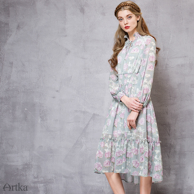 Artka-Women39s-Summer-New-Pastoral-Style-Printed-Dress-Stand-Collar-Lantern-Sleeve-Empire-Waist-Dres-32629778401