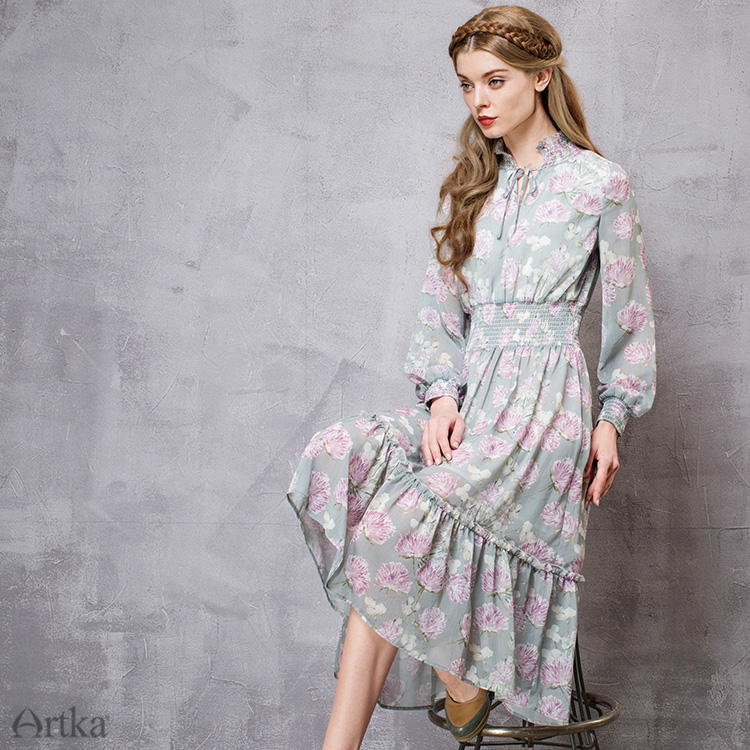 Artka-Women39s-Summer-New-Pastoral-Style-Printed-Dress-Stand-Collar-Lantern-Sleeve-Empire-Waist-Dres-32629778401