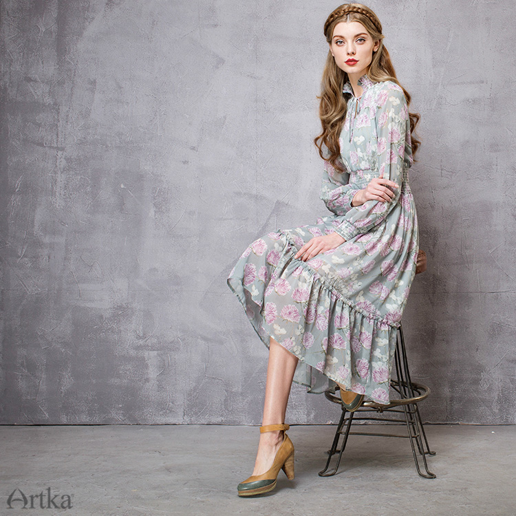 Artka-Women39s-Summer-New-Pastoral-Style-Printed-Dress-Stand-Collar-Lantern-Sleeve-Empire-Waist-Dres-32629778401