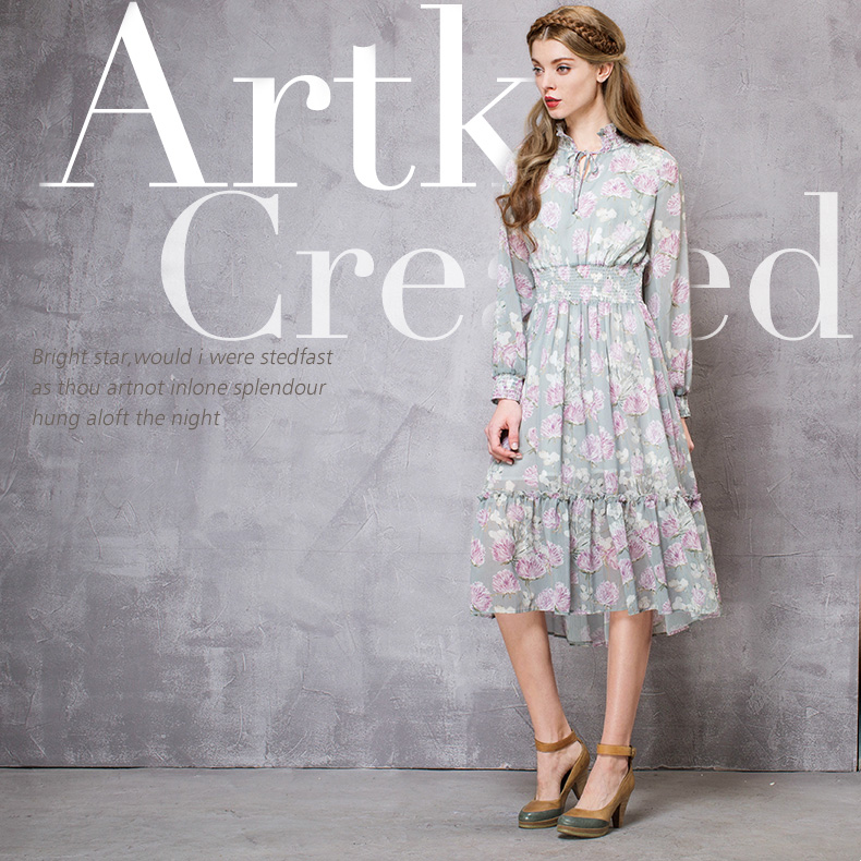 Artka-Women39s-Summer-New-Pastoral-Style-Printed-Dress-Stand-Collar-Lantern-Sleeve-Empire-Waist-Dres-32629778401