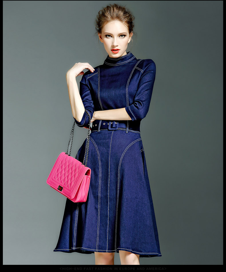 Autumn-Office-Dress-Denim-A-line-Dresses-Three-Quarter-Sleeves-Knee-Length-Turtleneck-Collar-Stretch-32716455459