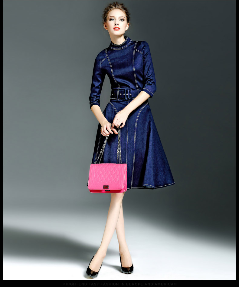 Autumn-Office-Dress-Denim-A-line-Dresses-Three-Quarter-Sleeves-Knee-Length-Turtleneck-Collar-Stretch-32716455459