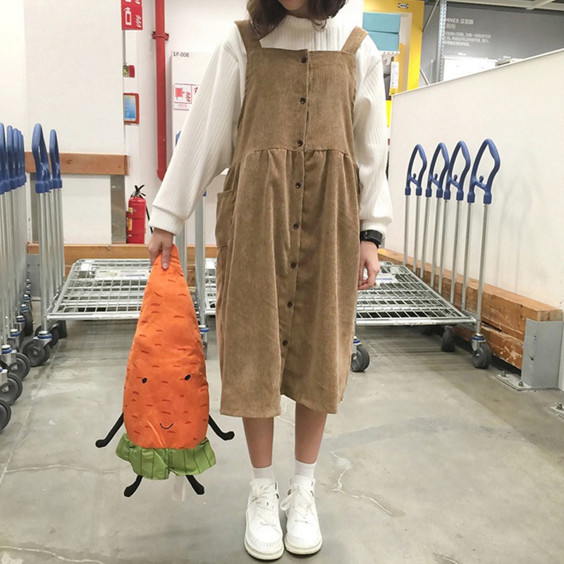 Autumn-and-winter-women39s-new-corduroy-dress-student-campus-style-solid-colour-loose-Medium-and-lon-32752662515