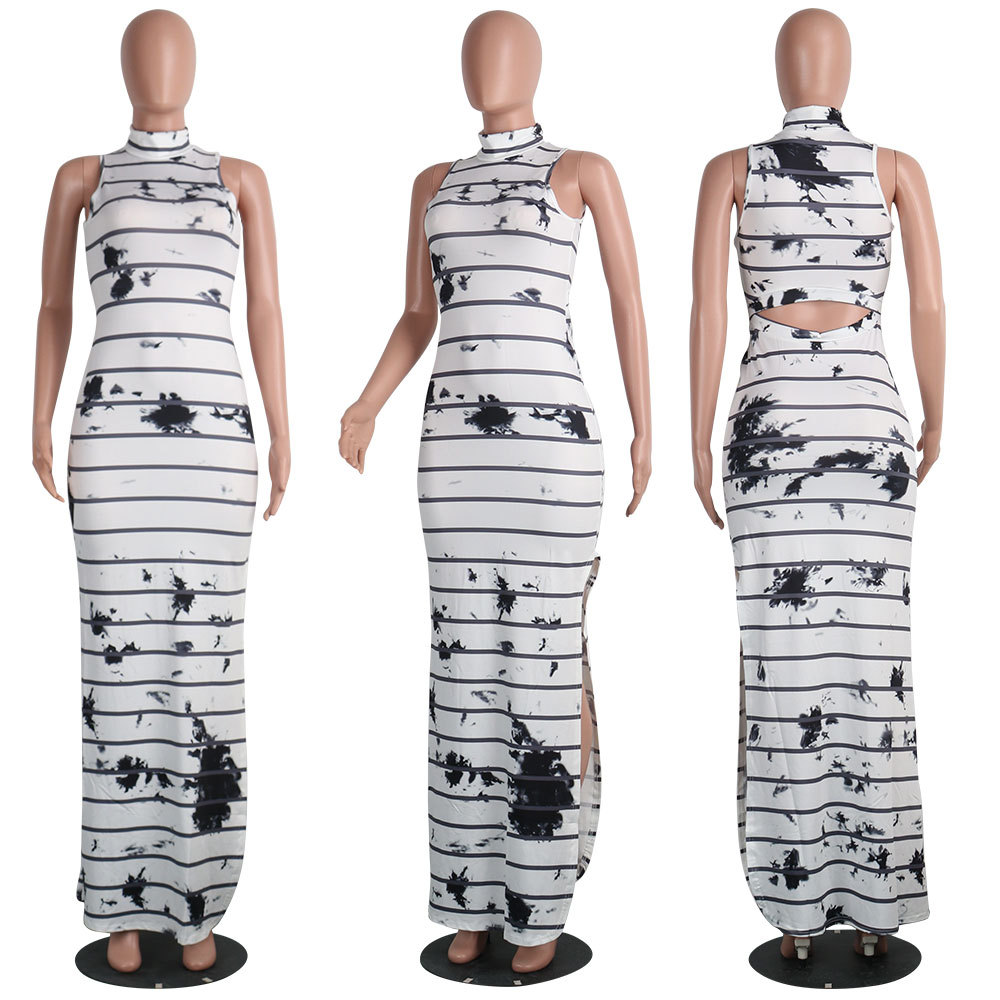 Batoneur-Retro-Ink-Printing-Strip-Vintage-Sleeveless-Elegant-White-Maxi-Dress-Turtleneck-Summer-Robe-32799083934