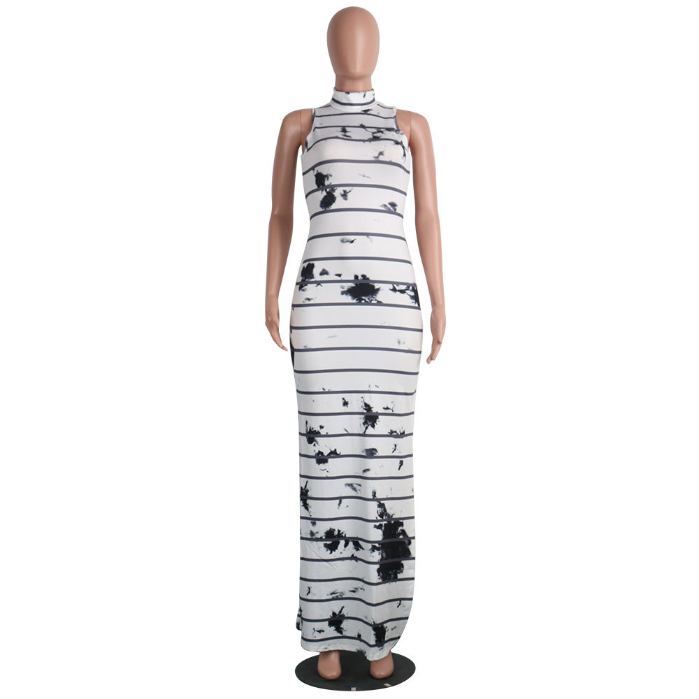 Batoneur-Retro-Ink-Printing-Strip-Vintage-Sleeveless-Elegant-White-Maxi-Dress-Turtleneck-Summer-Robe-32799083934