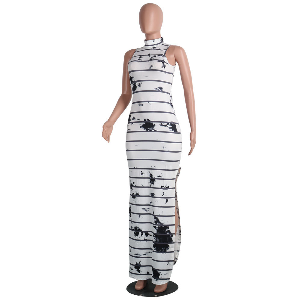 Batoneur-Retro-Ink-Printing-Strip-Vintage-Sleeveless-Elegant-White-Maxi-Dress-Turtleneck-Summer-Robe-32799083934