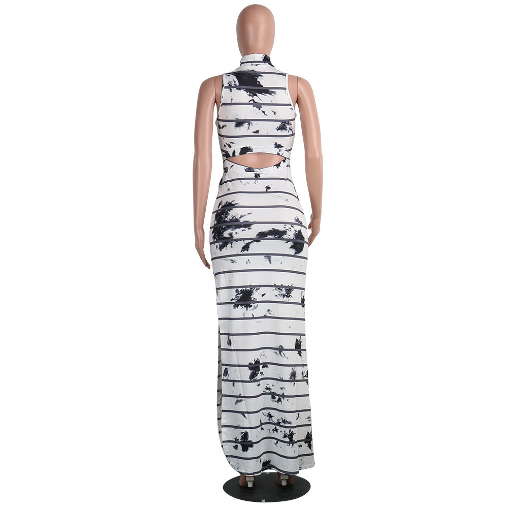 Batoneur-Retro-Ink-Printing-Strip-Vintage-Sleeveless-Elegant-White-Maxi-Dress-Turtleneck-Summer-Robe-32799083934