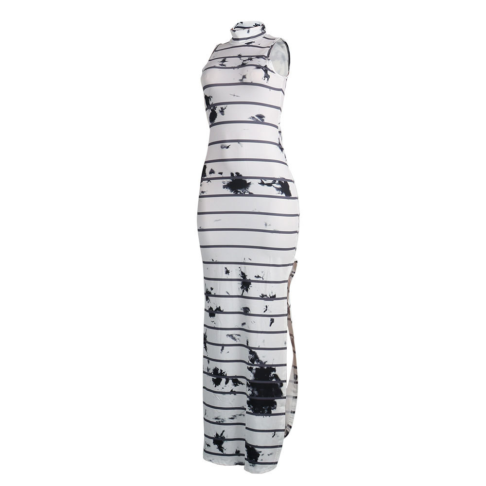 Batoneur-Retro-Ink-Printing-Strip-Vintage-Sleeveless-Elegant-White-Maxi-Dress-Turtleneck-Summer-Robe-32799083934