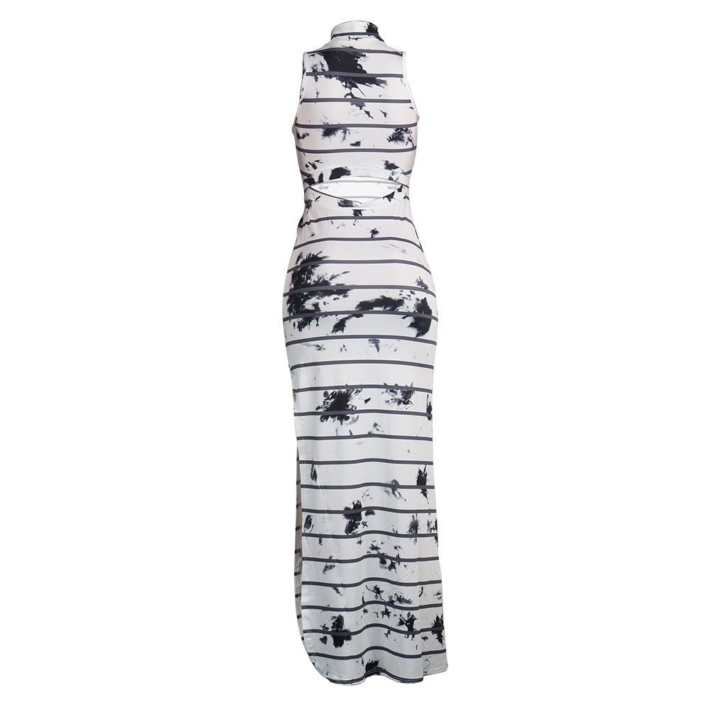 Batoneur-Retro-Ink-Printing-Strip-Vintage-Sleeveless-Elegant-White-Maxi-Dress-Turtleneck-Summer-Robe-32799083934