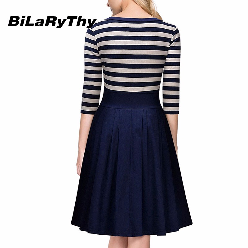 BiLaRyThy-New-Autumn-Winter-Fashion-Women39s-O-Neck-Three-Quarter-Sleeve-A-Line-Dress-Elegant-Stripe-32770705111