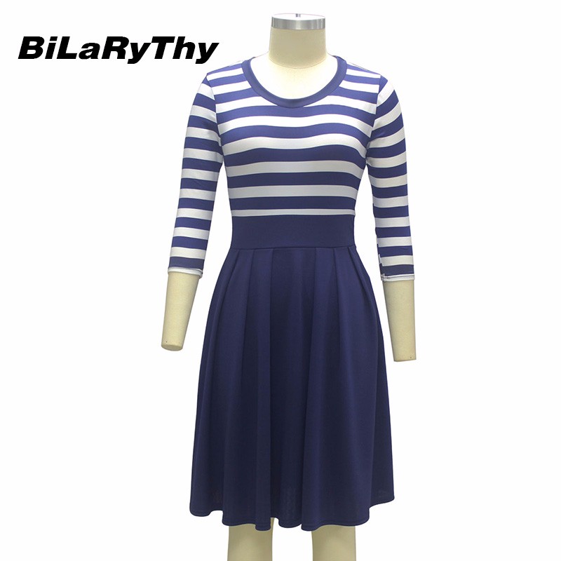 BiLaRyThy-New-Autumn-Winter-Fashion-Women39s-O-Neck-Three-Quarter-Sleeve-A-Line-Dress-Elegant-Stripe-32770705111