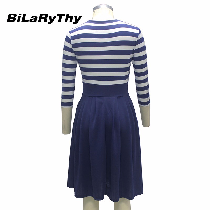 BiLaRyThy-New-Autumn-Winter-Fashion-Women39s-O-Neck-Three-Quarter-Sleeve-A-Line-Dress-Elegant-Stripe-32770705111