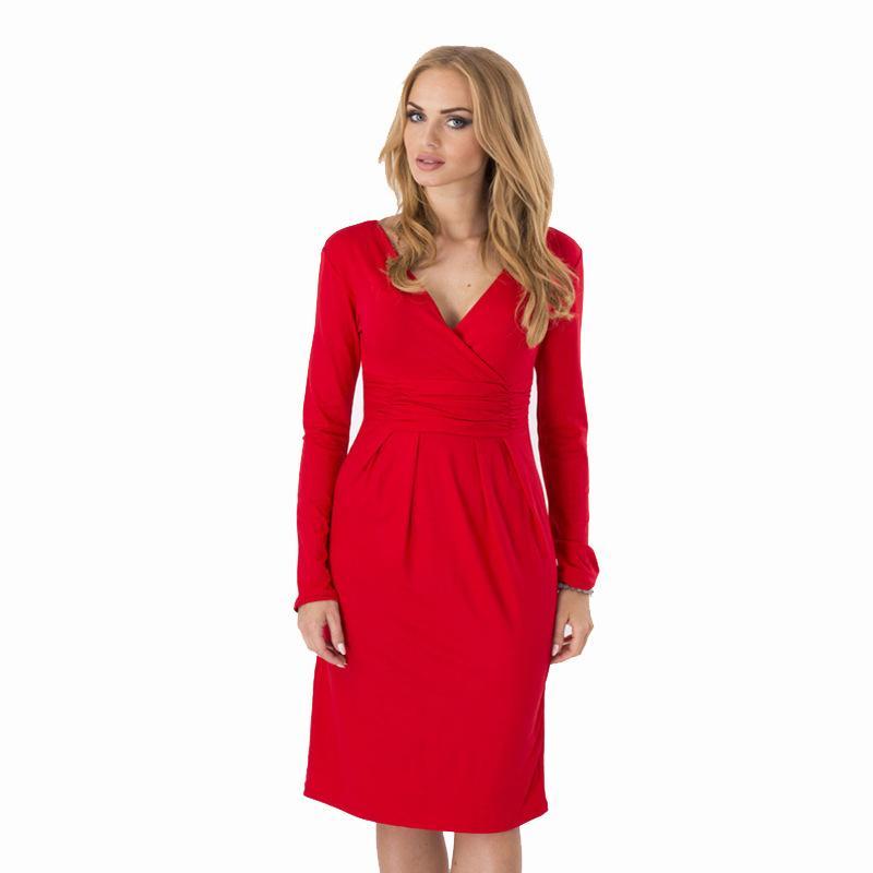 Big-Size-Ladies-Office-Work-Dress-Elegant--V-neck-Long-Sleeve-Pleated-Slim-Dress-6-Colors-Bodycon-Pa-32775548144