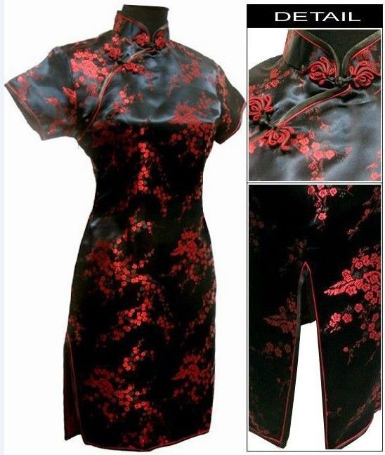 Black-Traditional-Chinese-Dress-Mujer-Vestido-Women39s-Satin-Qipao-Mini-Cheongsam-Flower-Size-S-M-L--930001840