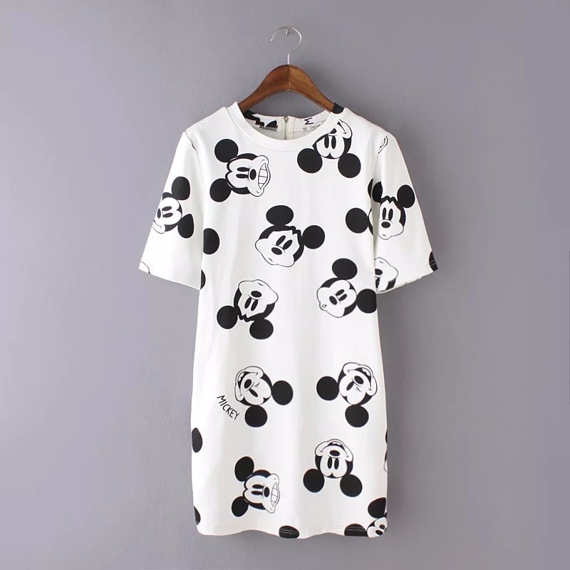 Black-and-white-Mickey-printed-short-sleeved-dress-wild-bottoming-elastic-back-zipper-women39s-mini--32658671447