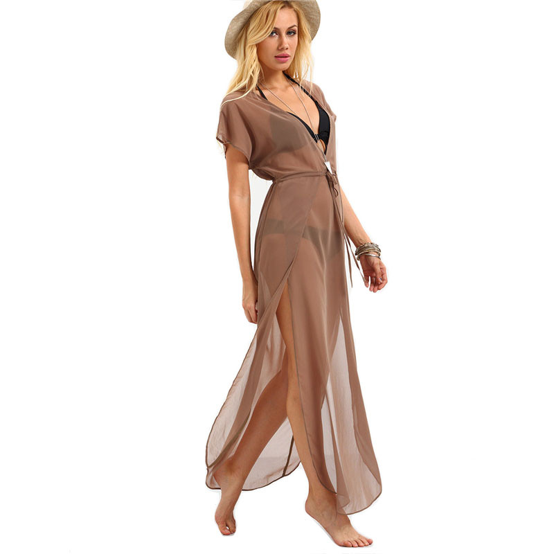 COLROVIE-Ladies-Brown-Drawstring-Waist-V-Neck-Split-Dresses-Summer-Beach-Wear-Sexy-Short-Sleeve-Long-32688089509