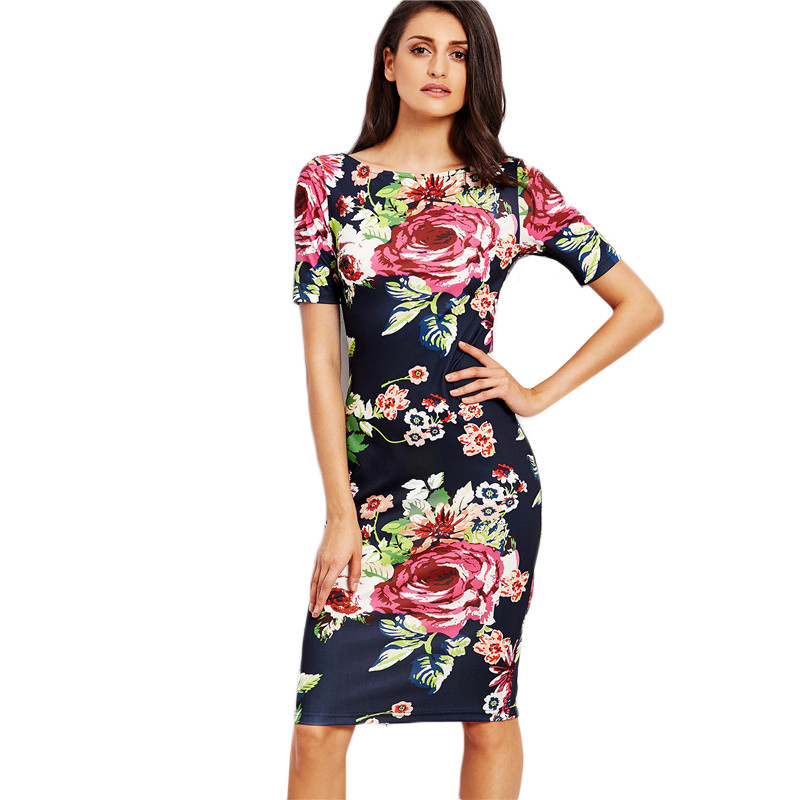 COLROVIE-Navy-Rose-Print-Slit-Back-Slim-Pencil-Dress-2017-Fall-Ladies-Round-Neck-Short-Sleeve-Knee-L-32727603642