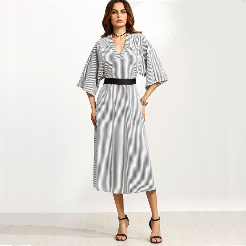 COLROVIE-Women-Grey-Striped-Contrast-Belt-Open-Back-V-Neck-Three-Quarter-Length-Sleeve-A-Line-Long-D-32725852583