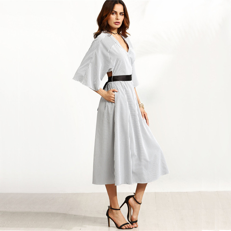 COLROVIE-Women-Grey-Striped-Contrast-Belt-Open-Back-V-Neck-Three-Quarter-Length-Sleeve-A-Line-Long-D-32725852583