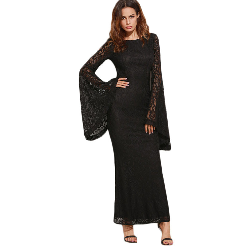 COLROVIE-Womens-Dresses-New-Arrival-Slim-Pencil-Long-Maxi-Dress-Black-Oversized-Bell-Sleeve-Floral-L-32788307352