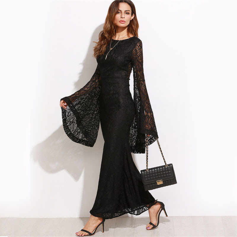 COLROVIE-Womens-Dresses-New-Arrival-Slim-Pencil-Long-Maxi-Dress-Black-Oversized-Bell-Sleeve-Floral-L-32788307352