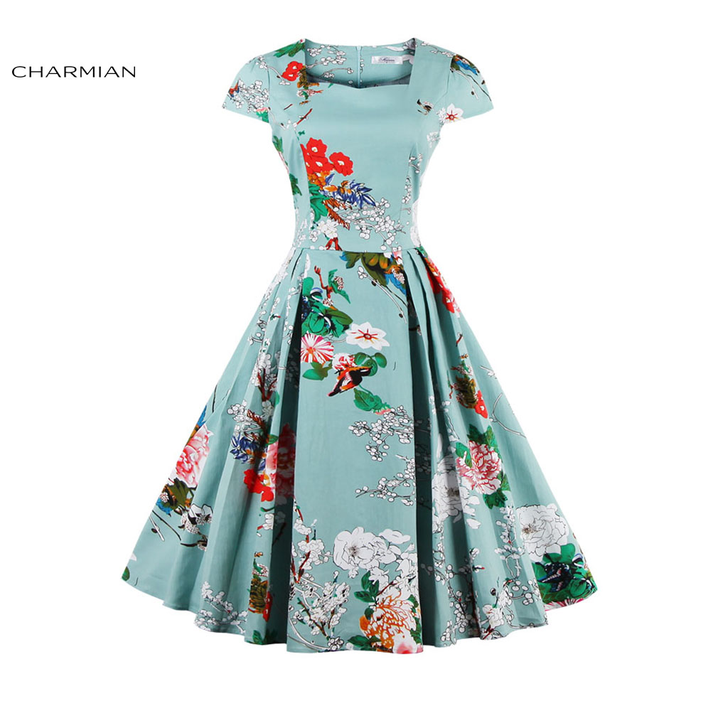 Charmian-Summer-Pleated-Dress-Women39s-Stripes-Patchwork-Vintage-Dress-Half-Sleeves-Casual-Party-Aut-32753980669