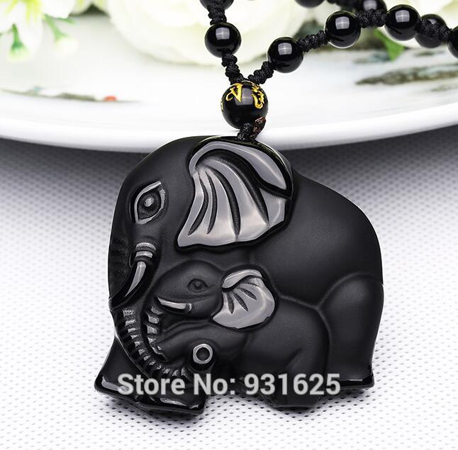 Chinese-Handwork-Natural-Black-Obsidian-Carved-Mother-Baby-Cute-Elephant-Amulet-Lucky-Pendant-Neckla-32371714724