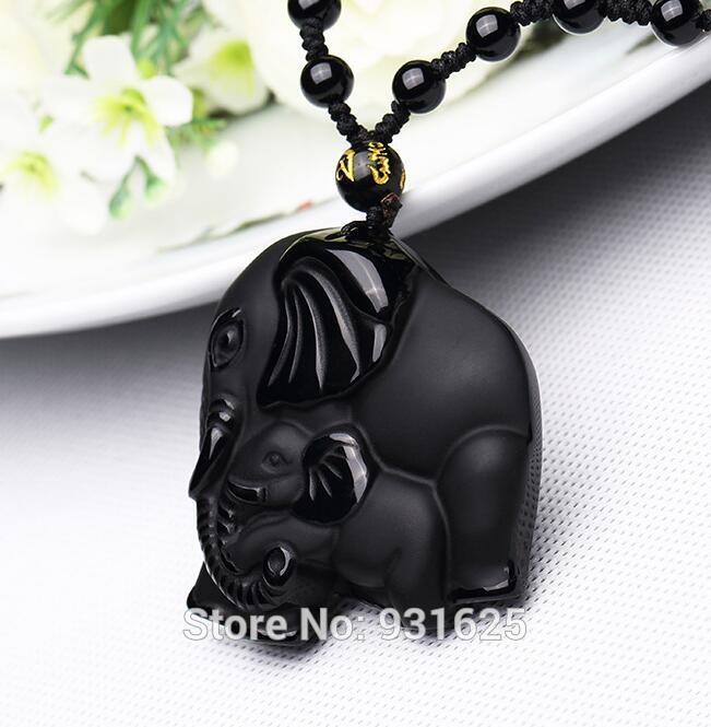 Chinese-Handwork-Natural-Black-Obsidian-Carved-Mother-Baby-Cute-Elephant-Amulet-Lucky-Pendant-Neckla-32371714724