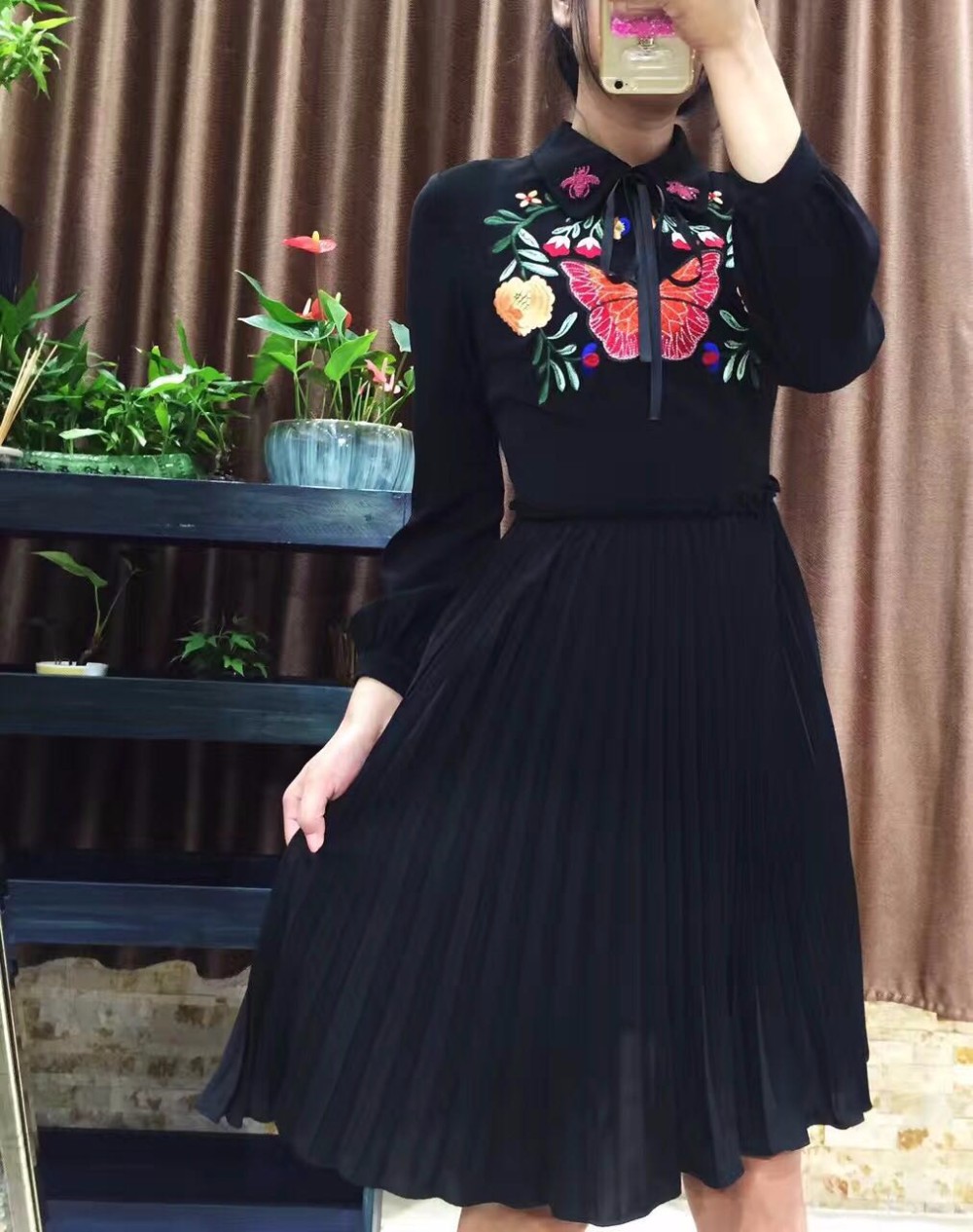 Cute-New-2017-spring-summer-butterfly-embroidery-beading-bee-women-pleated-dress-long-sleeve-peter-p-32772933012